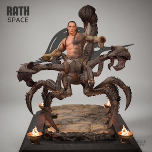May include: A detailed sculpture of a warrior riding a giant scorpion. The figure is muscular with long hair, atop a large, detailed scorpion with multiple legs and a raised stinger. The base features small flames and the text "RATH SPACE".
