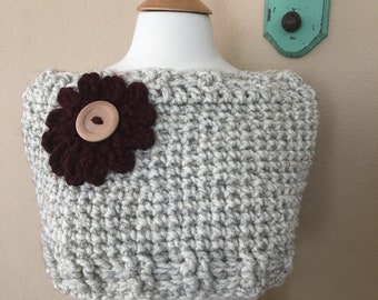 EASY Crochet Pattern, Chunky Cowl Pattern, with Flower embellishment, 2 patterns included, caplet, cowl scarf, DIY Cowl