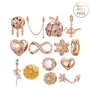 Könnte beinhalten: Eine Sammlung von roségoldenen Charms und Anhängern, darunter ein Traumfänger, ein Marienkäfer, ein Herz, ein Unendlichkeitssymbol und Blumenmotive. Einige Charms sind mit Kristallen und Edelsteinen verziert. Das Bild enthält einen Werbekreis "Kaufe 1, erhalte 1 gratis".