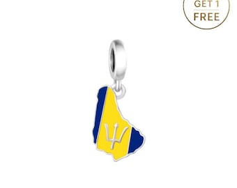 Kleine armband met kaart en vlag van Barbados • Echte sterlingzilver 925 • Passende bedel • Bedel armband met landkaart