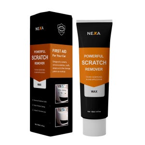 Puede incluir: Una caja y un tubo negros y naranjas de NEXA Powerful Scratch Remover. La caja dice "First Aid For Your Car" y "Fix Any Scratches In One Application". El tubo y la caja contienen 120 ml de cera.