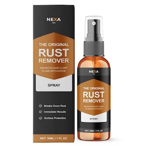 Pode incluir: Uma garrafa de spray removedor de ferrugem Nexa USA com uma caixa a condizer. A garrafa e a caixa apresentam o texto "THE ORIGINAL RUST REMOVER" e "DESTROYS RUST & DIRT IN ONE APPLICATION". A garrafa contém 30 ml de produto.