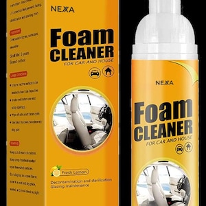 May include: A yellow and white bottle of Nexa Foam Cleaner for car and house use. The bottle has a white nozzle and features the text "Foam Cleaner" and "Fresh Lemon". The product is designed for decontamination, sterilization, and glazing maintenance.