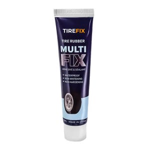Puede incluir: Un tubo de adhesivo y sellador Tirefix Multi Fix. El tubo es azul oscuro con texto blanco y amarillo. El texto incluye "Tire Rubber", "Multi Fix" y "Adhesive & Sealant". Es impermeable, no blanquea y no endurece.