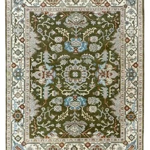 Hand Knotted Green Beige Oushak Rugs Contemporary Modern Area Rugs, Turkish Rug With Ivory Accent: Evergreen Wool Rug,4x6,5x8,6x9,8x10,9X12
