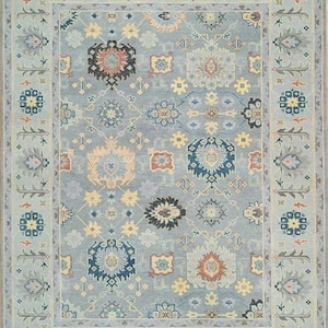 Blue Grey Oushak Rug – Hand-Knotted Turkish Wool Carpet with Ivory, Pink and Teal Accents – Oriental Area Rug for Living Room