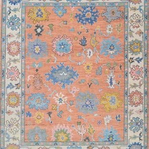 Hand Knotted Orange Blue Oushak Rugs Contemporary Modern Area Rugs, Turkish Rug With Ivory Accent: Evergreen Wool Rug,4x6,5x8,6x9,8x10
