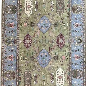 Hand Knotted Blue Green Oushak Rugs, Contemporary Modern Area Rugs, Grey Turkish Rug With Ivory Accent: Evergreen Wool Rug for living-room