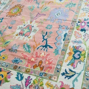 Pink Beige Oushak rug best choice High Quality rug multi size Hand-knotted Vintage Oushak Wool Rug for Living Room, Dining room, Office