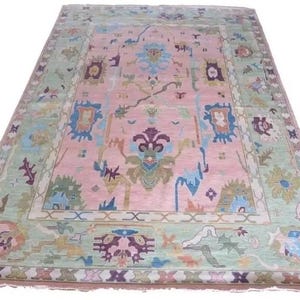 Hand Knotted Pink Blue Oushak Rugs Contemporary Modern Area Rugs, Turkish Rug With Ivory Accent: Evergreen Wool Rug,4x6,5x8,6x9,8x10,9x12