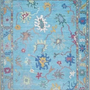 Hand Knotted Blue Oushak Rugs, Contemporary Modern Area Rugs, Beige Turkish Rug With Ivory Accent: Evergreen Wool Rug for living-room