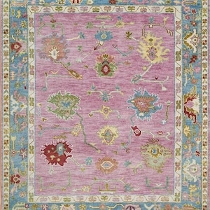 Hand Knotted Pink Oushak Rugs Contemporary Modern Area Rugs, Turkish Rug With Ivory Accent: Evergreen Wool Rug,4x6,5x8,6x9,8x10,9x12