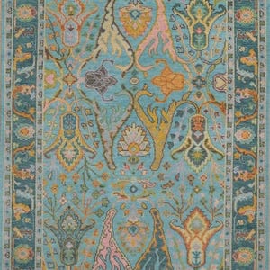 Hand Knotted L Blue Oushak Rugs Contemporary Modern Area Rugs, Turkish Rug With Ivory Accent: Evergreen Wool Rug,4x6,5x8,6x9,8x10,