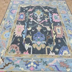 Hand Knotted Black Blue Oushak Rugs Contemporary Modern Area Rugs, Turkish Rug With Ivory Accent: Evergreen Wool Rug,4x6,5x8,6x9,8x10,9x12