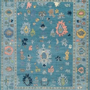 Hand Knotted Oushak Blue Wool area rug pestal rug 4X6 5X8 6X9 8X10 9X12 10x14 One of a kind rug living room Rug Oversize size rug