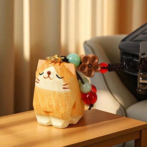 Wooden Hand-carved Wood-carved Cat Car Keychain Pendant for Girls Cute Pet Schoolbag Pendant Girlfriend Gift Key Hanging Decoration Ornament