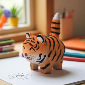 Hand-Carved Wooden Cat Figurine: Rustic Wood Animal Ornament