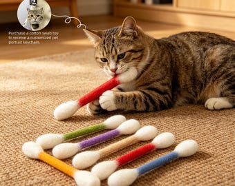 Giant Swab Cat Toy With Custom Pet Head Keychain,Funny Cotton Swab Kicker,Plush Ear Cleaning Stick Pet Toy,Creative Gift for Cat Lovers