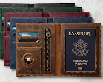 Personalisierte Leder Passhalter mit AirTag Slot, RFID Passport Brieftasche, Benutzerdefinierte Passport Cover, Reisegeschenk für Männer Frauen, Passport Brieftasche