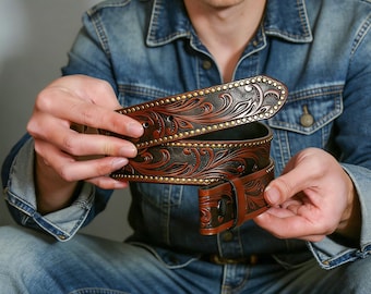 Tooled Western Floral Engraved Leather Belt Genuine Full Grain Cowhide with Snaps 1-1/2" WIDE Leather Snap-On Belt