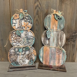 Patina Distressed Stacked Pumpkins Floral or Shiplap | Triple Pumpkins Fall Patina Leaves