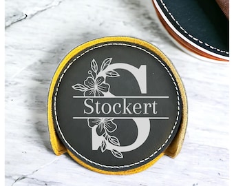 Monogram Engraved Round Coaster Set | Black Leatherette Coasters Personalized Gift | Monogrammed Coaster Set | Engraved Housewarming Gift