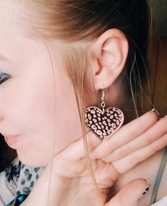 Rose Gold Mirrored Leopard Print Heart Earrings Laser Cut