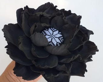 Black Brooch, Peony Rose Brooch, Oversize Flower Brooch, Embroidered Flower Pin, Ukrainian Flower Accessory