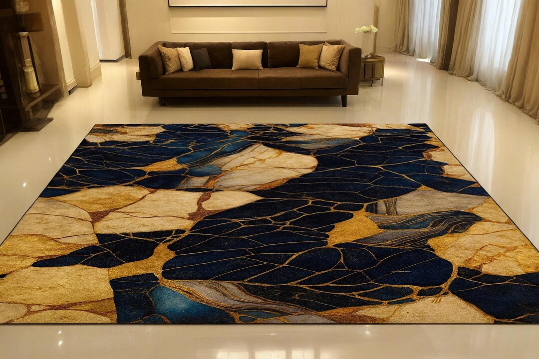 Blue and Gold Abstract Rug | Modern Marble Design - Etsy
