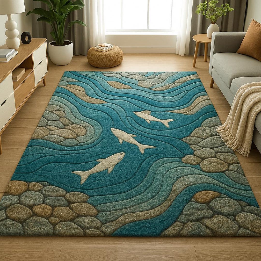 River Rug Custom 3D River Flow Rug: Modern Wave & Fish Design Carpet - Etsy