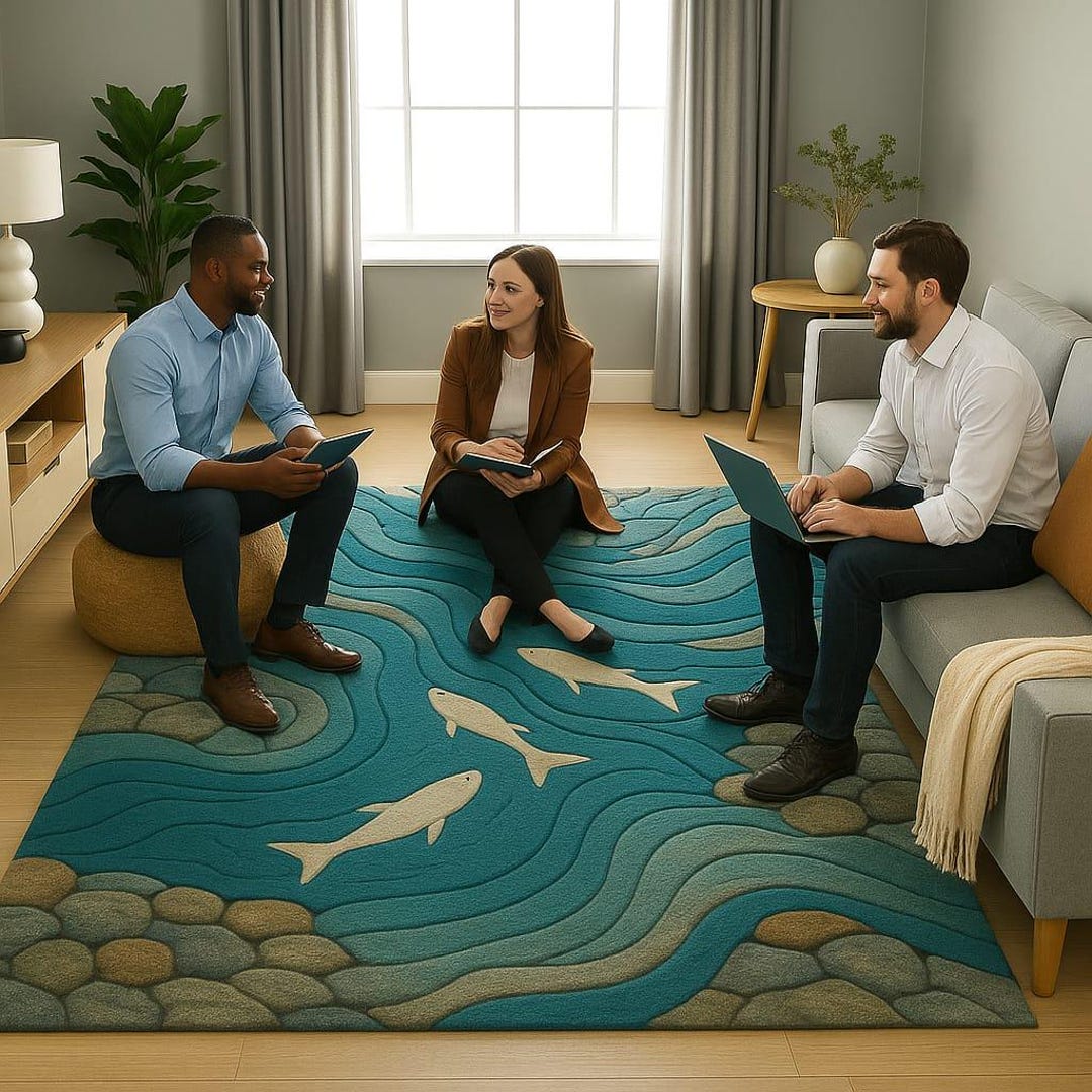 Modern River Flow Rug | Unique 3D Wave & Fish Design Carpet for Living ...
