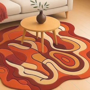 Hand tufted Modern Abstract Retro Rug – Irregular Shaped Wavy Carpet in Warm Earth Tones | Artistic Tufted Area Rug for Living Room