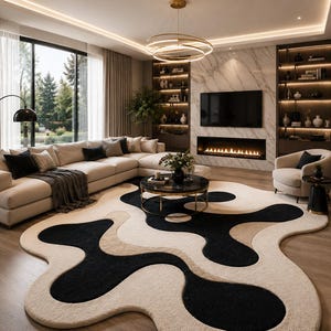May include: A modern living room featuring a large, cream-colored sectional sofa with black accent pillows. A unique rug with black and cream abstract shapes sits on the wooden floor. A black coffee table and a fireplace add to the room's contemporary design.