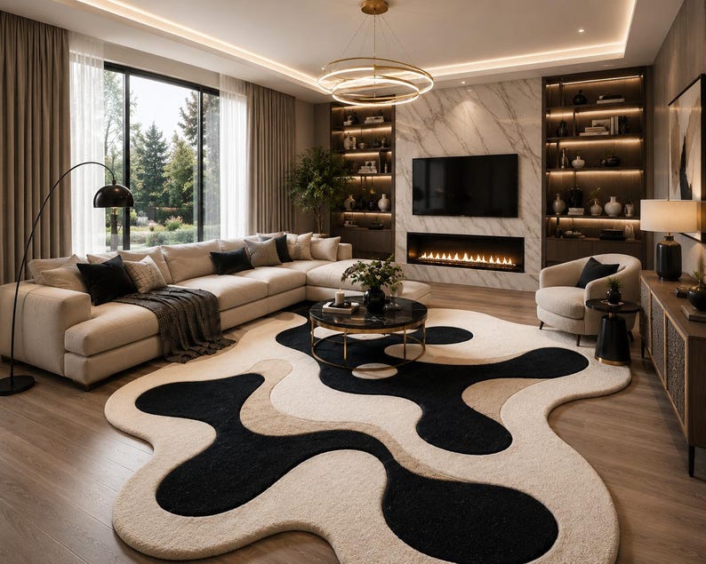 May include: A modern living room featuring a large, cream-colored sectional sofa with black accent pillows. A unique rug with black and cream abstract shapes sits on the wooden floor. A black coffee table and a fireplace add to the room's contemporary design.