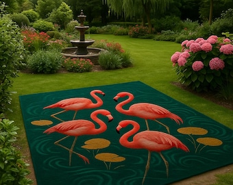Handgetufteter Tropischer Flamingo-Teppich: Exotischer Pink-Vogel-Statement-Mat