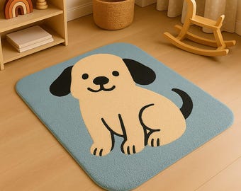 Alfombra de cachorro tejida a mano / Alfombra de lana azul y beige / Alfombra de animales adorables / Decoración para habitación infantil / Alfombra llamativa para sala de juegos o dormitorio
