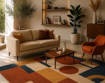 Tappeto geometrico trapuntato a mano / Tappeto in lana color terracotta e blu navy / Tappeto astratto moderno / Decorazione per soggiorno e camera da letto / Motivo contemporaneo