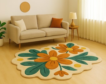 Alfombra floral tejida a mano / Alfombra de lana color verde azulado y naranja / Alfombra moderna esculpida / Decoración para sala de estar y dormitorio / Estampado floral orgánico