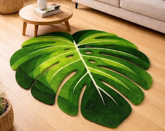 Monstera Leaf Rug, Tropical Leaf Area Rug, Green Botanical Rug, Leaf Shaped Rug, Modern Living Room Rug, Handmade Rug