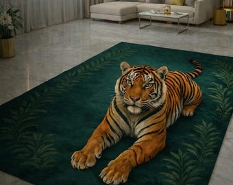 Tiger Rug, Green Jungle Area Rug, Botanical Wildlife Rug, Safari Animal Rug, Tropical Jungle Decor, Handmade Living Room Rug