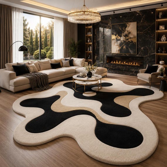 Hand Tufted Wool Rug, Abstract Organic Shape Rug, Black Ivory Area Rug, Modern Statement Rug, Contemporary Living Room Rug, Luxury Decor