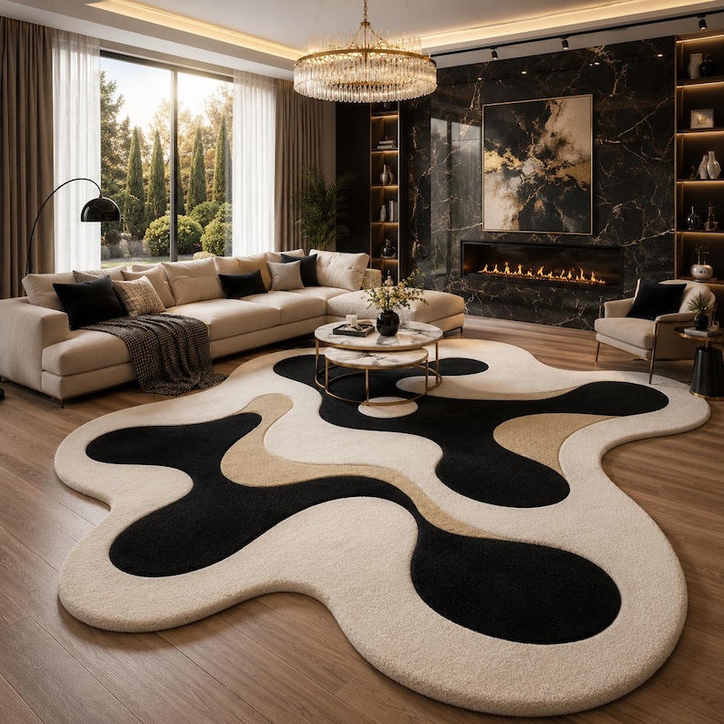May include: A modern living room featuring a large, abstract-shaped rug with black, beige, and cream sections. The room includes a beige sectional sofa, a marble-topped coffee table, and a fireplace with a marble accent wall. A large window offers a view of the outdoors.