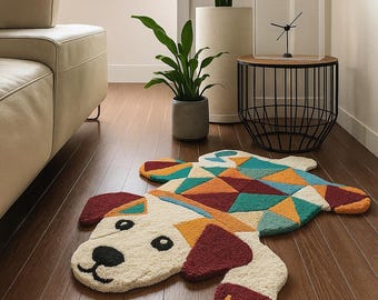 Alfombra para perros tejida a mano / Alfombra geométrica de lana colorida / Alfombra con diseño de animales adorable / Decoración para dormitorio infantil / Patrón de patchwork divertido