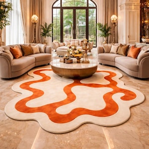 Tapis moderne abstrait ondulé - Moquette de créateur crème et orange