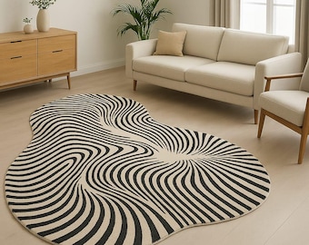 Hand Tufted Abstract Wave Rug | Black Ivory Wool Area Rug | Modern Sculpted Carpet | Living Room Bedroom Decor | Organic Wavy Pattern