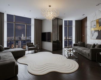 Hand Tufted Sculpted Rug | Cream White Wool Area Rug | Organic Wavy Carpet | Modern Minimalist Decor | Luxury Living Room Bedroom Rug