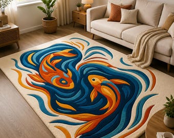 Koi Fish Area Rug, Japanese Ocean Wave Tufted Carpet, Zen Home Decor