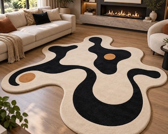 Hand Tufted Abstract Rug | Black Cream Wool Area Rug | Modern Sculpted Carpet | Living Room Bedroom Decor | Organic Curved Pattern