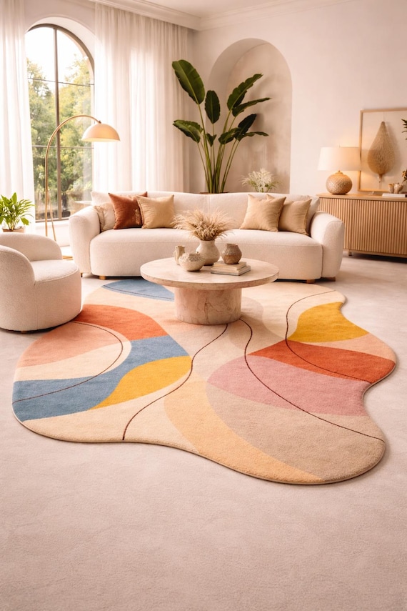 Unregelmäßiger abstrakter Teppich, handgetufteter Teppich, moderner Teppich in organischer Form, farbenfroher Wohnzimmerteppich, zeitgenössischer Boho- Teppich