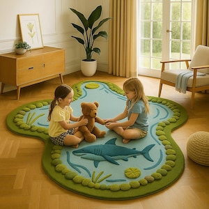 Shark Pond Tufted Rug – Unique 3D Design | Modern Living Room & Kids Room Carpet | Hand made tufted